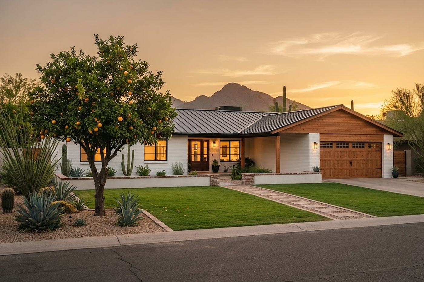 A renovated ranch home with a citrus tree, representative of Arcadia