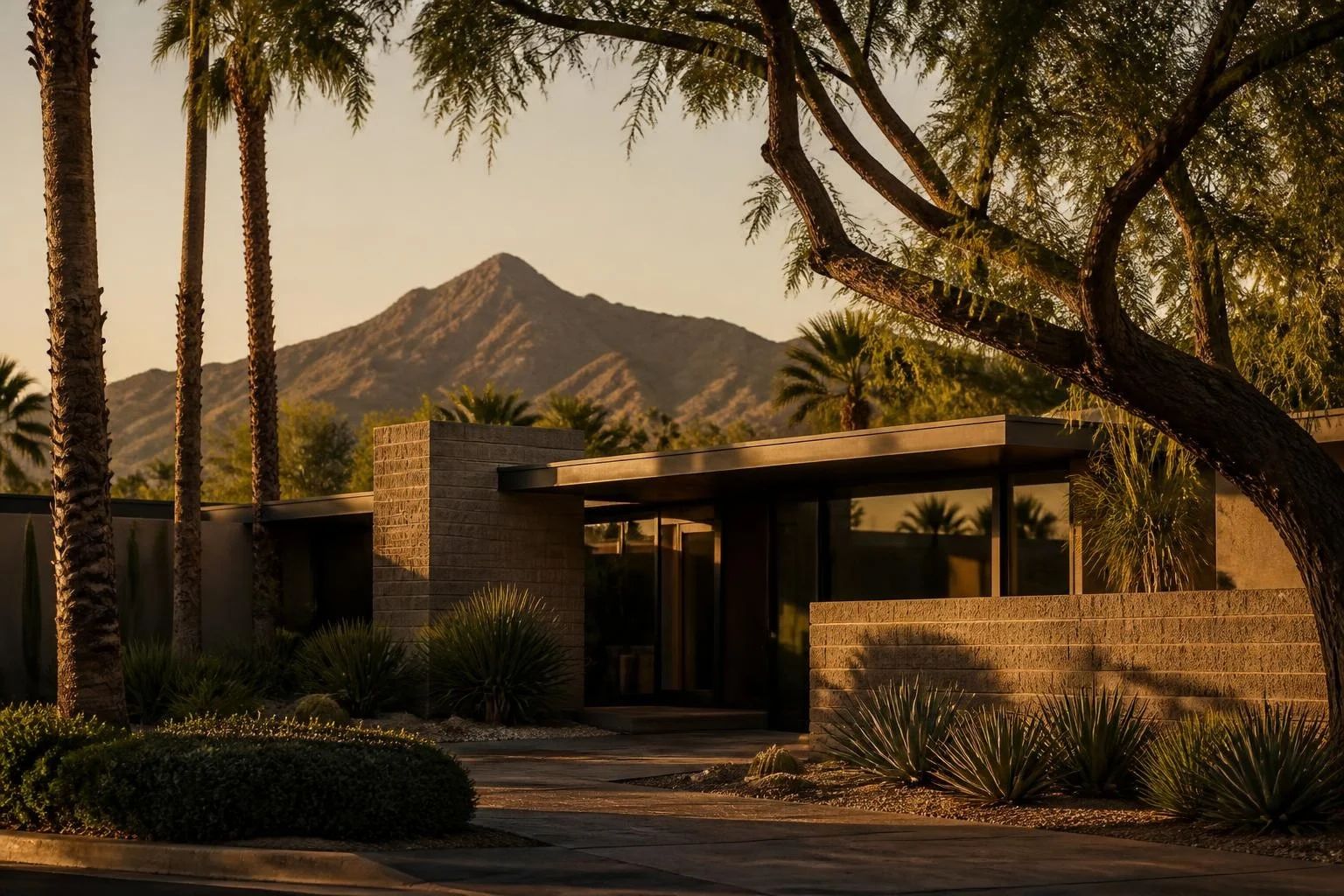 A low-slung home behind mature palms at golden hour, representative of the Biltmore area