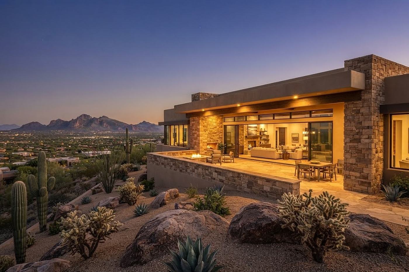 A hillside home with a valley view at dusk, representative of Fountain Hills