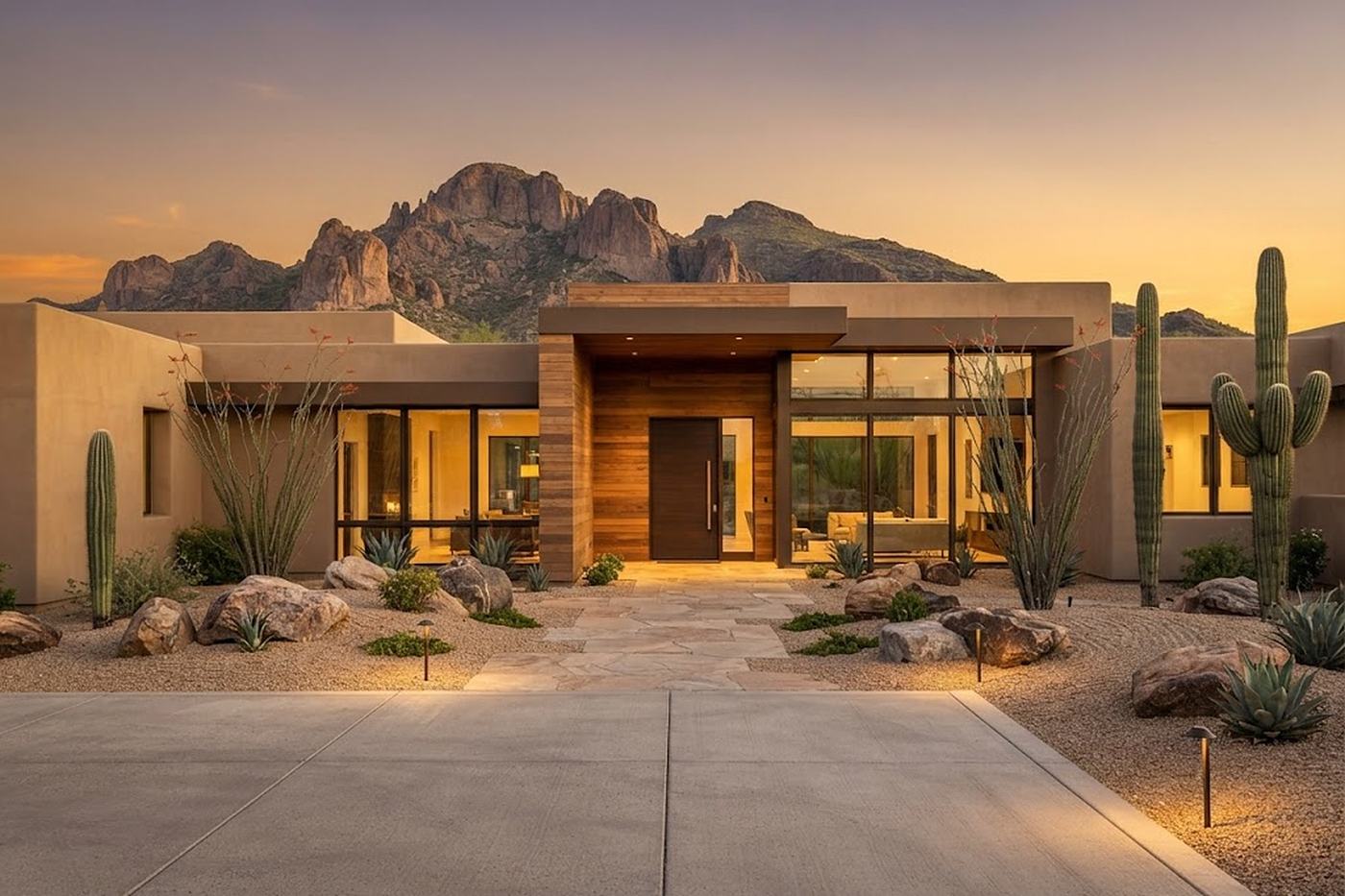 A modern desert contemporary home at golden hour, representative of Scottsdale