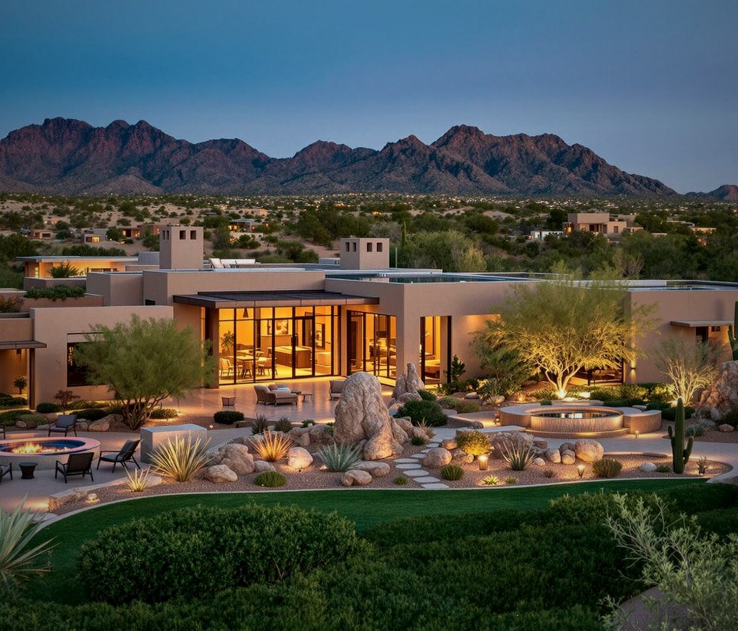 A Scottsdale estate lit at dusk below the McDowell Mountains