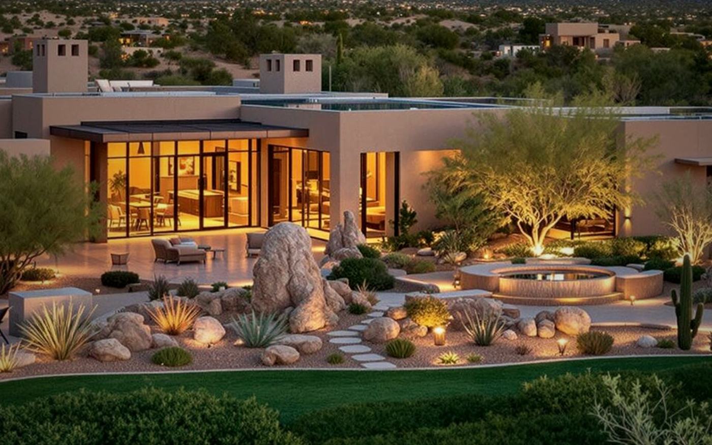 Warm interior light spilling from a Scottsdale estate at dusk