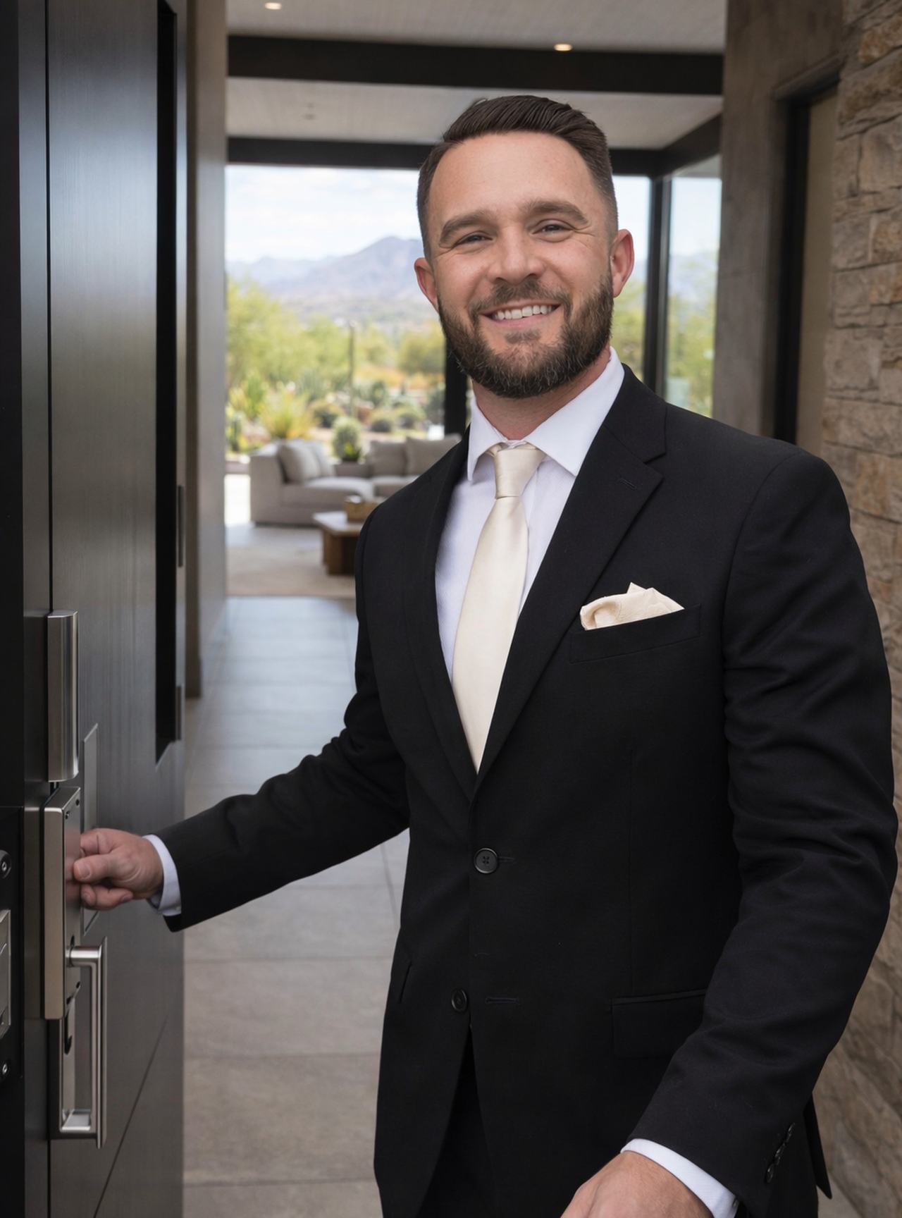 Michael Karabatsos opening the front door of a desert contemporary home